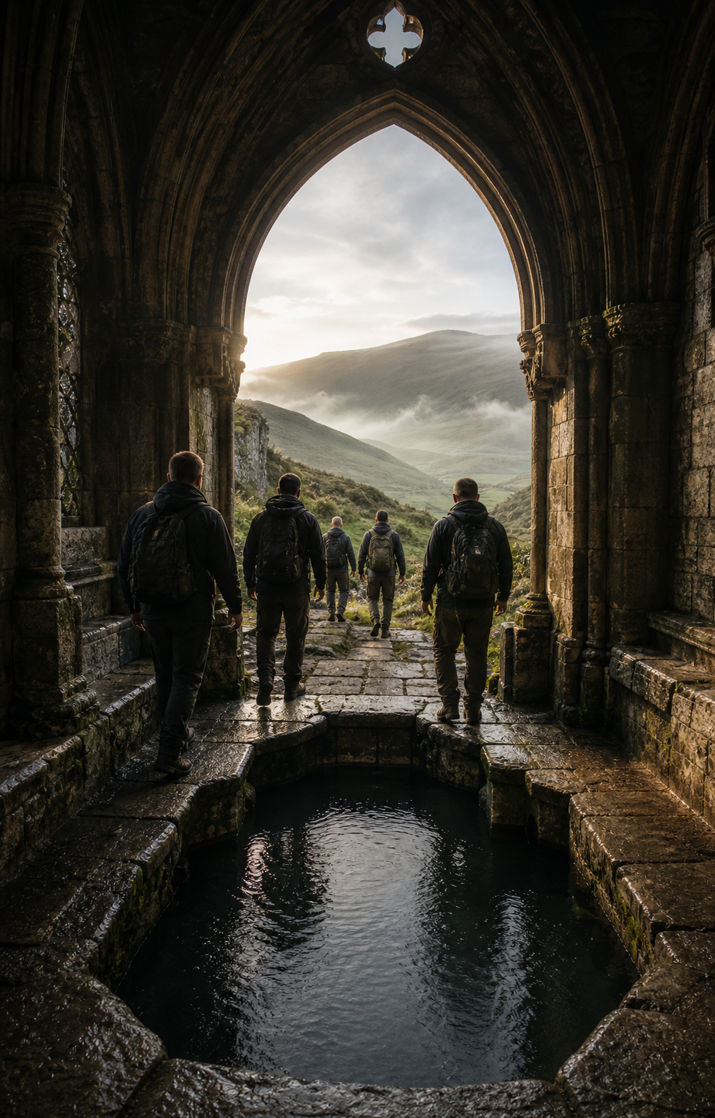 Men walking on pilgrimage toward St Winefride's Holy Well